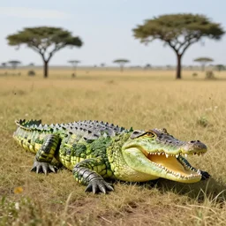 a crocodile with a big smile and its body made of broccoli in the savannah