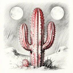 detailed sketch of a cactus, pencil, red and white pattern, mysterious desert, two moons, 8 k, by studio ghibli, trending on deviantart, hyper detailed