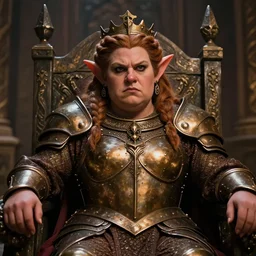 portrait, chubby female dwarf queen, bronze dwarven breastplate, complex braided hair, regal and proud robust woman, bold serious expression, big nose style by jeff easley, brian froud, jeff easley dramatic light, high detail, cinematic lighting, artstation, dungeons and dragons, throne room,