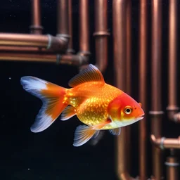 goldfish floating in dark starry space with many copper pipes behind it