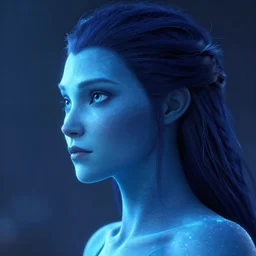 Female superhero with ethereal glowing blue skin. Close-up side profile portrait. Weta Digital. Animal Logic. Industrial Light & Magic. MANUKA renderer.