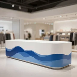 wide angle studio photo, interior design, modernism, minimalism, inside the department store counter, a counter using the waves as a design concept is made of white paint and various blues cloth, cinematic, 8 k, wave, concept art, trending on artstation, gorgeous, depth of field, bokeh