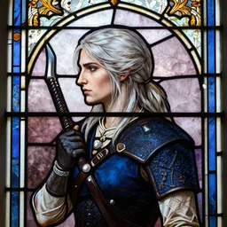 side - view portrait of ciri from the witcher, 1 0 th century stained glass window, very masterful