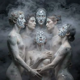 a group of human bodies intertwined, foggy, faces made up of diamonds, in the style of sardax, rothko, klimt