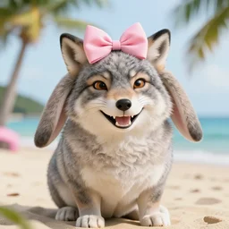 a photorealistic adorable zany girly alluring chubby charming but slightly terrifying fennic fox wolf rabbit hybrid, with long floppy rabbit ears, wearing a bow on the top of its head, grinning at the camera with a mischievous look, sharp teeth, happy lighting, at a tropical beach