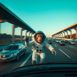 an astronaut monkey, on a highway full of cars at high speed, c 1 0