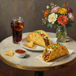 “A beautiful, museum oil painting of a Taco Bell meal, including, soda, chips, tacos, sauce, and a bouquet of flowers on a beautiful table”