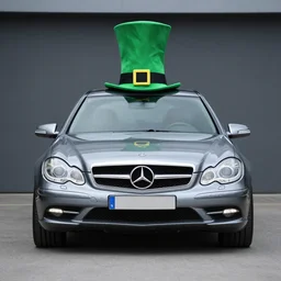 grey mercedes - benz c - class ( w 2 0 4 ) with a green wizard hat on top