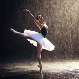 portrait of a ballerina dancing in the rain, cinematic light and reflections, beautiful dreamy lighting,