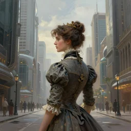 portrait of a victorian lady in a futuristic city, from behind, streets, beautiful, asymmetric, open sky, tall buildings, highly detailed, digital painting