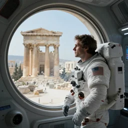 a futuristic male astronaut looking at an ancient renaissance athens through a time travel spaceship high - tech luxury window, scifi, by wlop, peter mohrbacher, jakub rebelka, visually stunning, beautiful, masterpiece
