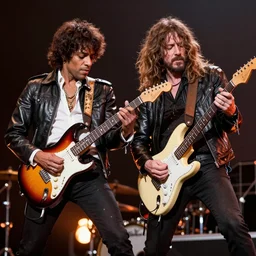 jimmy hendrix and tom morello shredding on stage with their guitars on fire high quality, detailed, award winning