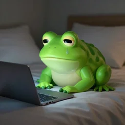 peepo the frog!!!, lying on his bed with a laptop, crying, sad lo-fi vibes, dramatic,