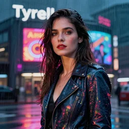 portrait photography of rachael tyrell at tyrell headquarters by annie leibovitz, cyberpunk, colorful!, nighttime!, raining!