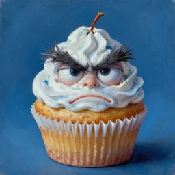 A humanoid tasty looking cupcake with bushy eyebrows and grumpy face, blue light, extra detailed, oil painting, by MARGARET ANN EDEN, in the style of  Bramley Apple (1995)