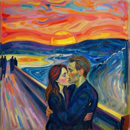 close view of woman and man kissing.. tsunami great wave, sun setting through the storm clouds. iridescent, vivid psychedelic colors. painting by munch, agnes pelton, egon schiele, henri de toulouse - lautrec, utamaro, monet