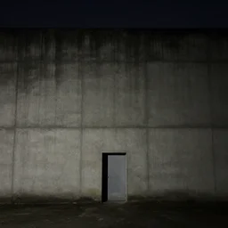 a huge concrete building with no windows and a single door during night, dark, dirty, 4 k photography, dreary, liminal.! dream