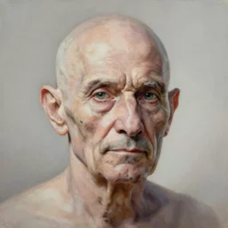 portret of old balding man with fish like facial features, eerie lighting, detailed painting in style of Kim Myatt