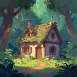 a disney background art painting, an old cottage in a beautiful forest, soft light, disney concept art, the art of pixar,