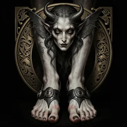 portrait of a demon wearing toe shoes ( vibram five fingers ), digital art, grim - lighting, high - contrast, intricate, elegant, highly detailed, centered, digital painting, artstation, concept art, smooth, sharp focus, illustration, artgerm, greg rutkowski, alphonse mucha, karol bak, magalie villeneuve