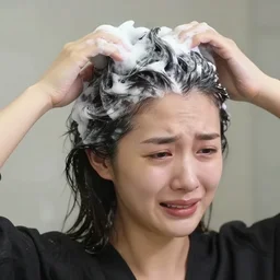 sobbing young female halfway through shaving her head realistic photo