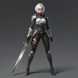female warrior with short white hair and a broken sword, athletic body-type, character concept art by Greg Rutkowski