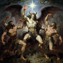 lavish male deity, casting demonic magic, summoning ( muscular ) lucifer morning star, as they battle over the earthly realm, highly detailed painting by gaston bussiere, craig mullins, j. c. leyendecker, tom of finland