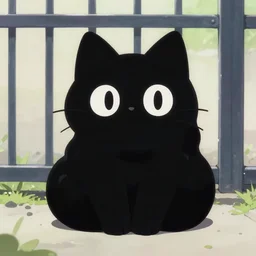amorphous black shapeless cat with bright eyes, a black squishy cloud of cat with no shape sitting by a gate | anime