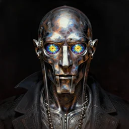 mf doom with glowing stained glass eyes, metallic shiny skin. intricate, elegant, highly detailed, centered, digital painting, artstation, concept art, smooth, sharp focus, illustration, artgerm, tomasz alen kopera, peter mohrbacher, donato giancola, joseph christian leyendecker, wlop, frank frazetta