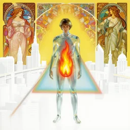 a man made of transparent glass with fire in a white city, pink floyd album cover, 1 9 7 0's, by storm elvin thorgerson, moebius, craig mullins, beksinski, bruegel, greg rutkowski, alphonse mucha, and yoshitaka amano, colorful flat surreal design, hd, 8 k, artstation