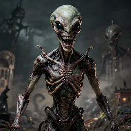 humanoid with crooked teeth, black eyes, gaping mouth, alien looking, big forehead, horrifying, killer, creepy, dead, monster, tall, skinny, open mouth, deathly, in the style of alfred kubin
