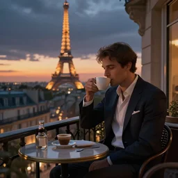 elegant man drinking coffee at balcony in france, city with eiffel tower seen behind, moody sunset, late night, detailed characters, by greg rutkowski, alphonse mucha, beeple, sharp focus, digital art, smooth, light refraction, pixiv art, volumetric lighting, makoto shinkai