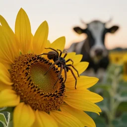 spider sitting on a sunflower, cow in the background, depth of field, ultra realistic, cinema, sunset, photo