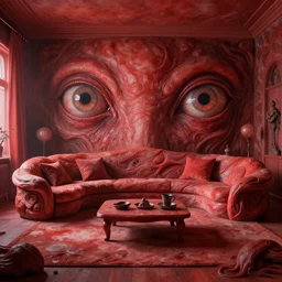 living room made of alien flesh with giant eyes staring back by Zdzislaw Belkinski , digital art, surreal, horror, red, HD, 8K