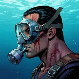 a profile photo of a villain side profile with a diving oxygen mask with side profile blood in ocean intricate details by MARVEL comics and Sandra Chevrier-C