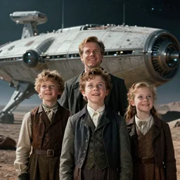 extra sharp, detailed, still from a blockbuster sci fi 8 k color movie, set in 1 8 6 0, family standing in front of a crashed spaceship, on alien planet, looking happy, wearing 1 8 5 0 s era clothes, atmospheric lighting, in focus, reflective eyes, 3 5 mm macro lens, live action, nice composition, good photography, sharp facial details