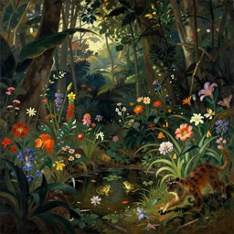 henri rosseau. a jungle in the twilight sun. lots of colorful flowers and animals. a small pond with frogs.