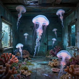 abandoned cottage interior filled with iridescent jellyfish swarming lush coral