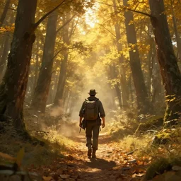 A highly detailed 4K fantasy matte painting of an adventurer walking along a path in a forest during the golden hour in autumn, volumetric sun rays and dust, Thomas Kinkade, Greg Rutkowski, ArtStation, CGSociety, Unreal Engine