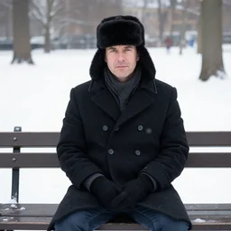 Kevin Malone wearing a black ushanka hat and black wool overcoat sitting on a park bench during the winter