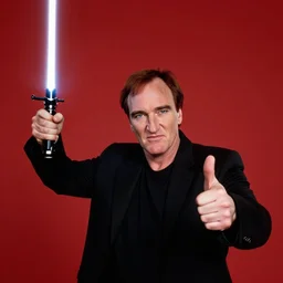 quentin tarantino giving his thumbs up with his left hand, raising a lightsaber with his right hand. red background. cinematic trailer format.