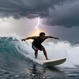a wide angle dynamic action portrait of a black man with dreadlocks surfing in a thunderstorm, large violent waves, by clark little, artem rhads chebokha and tooth wu. radiant rim lighting,