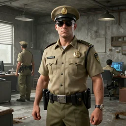 zombie sheriffs officers tan uniform and caps in brutalist concrete office trending on artstation high detail digital painting 4 k 8 k hd