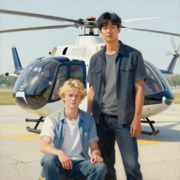 painting of blonde swedish guy and tall korean guy in front or robinson r 4 4 helicopter