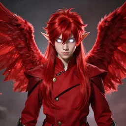 An epic fantasy comic book style portrait painting of a young fairy boy with red wings, pointy red hair, white glowing eyes, red long hair red coat. Unreal 5, DAZ, hyperrealistic, octane render, cosplay, RPG portrait, dynamic lighting