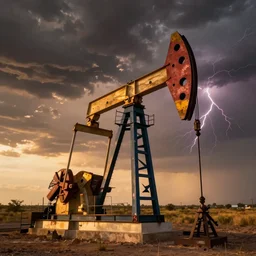 photo of a stormy west texas sunset, perfect rustic ( ( pumpjack ) ), x - pan, high resolution lightning, golden hour, high detail, beautiful!!!
