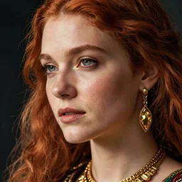 face of a female gipsie, ginger hair, beautiful, golden necklace, close - up, by luis royo, fantasy, medieval