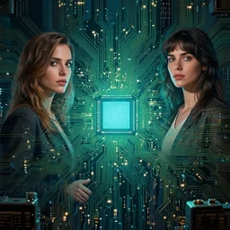 all the art inside a computer's printed circuits painted by mahmoud farshchian, mia brownell, very detailed,, hyper realism, cyberpunk shading, cinematic composition, photorealistic, wide shot
