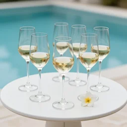 5 5 mm photo of best glass of whitewineglass with flower on a zen minimalist round white table with gorgeous pool in the background. highly detailed 8 k. intricate. lifelike. soft light,
