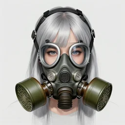 girl silver hair, multicam, gas mask, realistic illustration by Yoji Shinkawa and Krenz Cushart, portrait